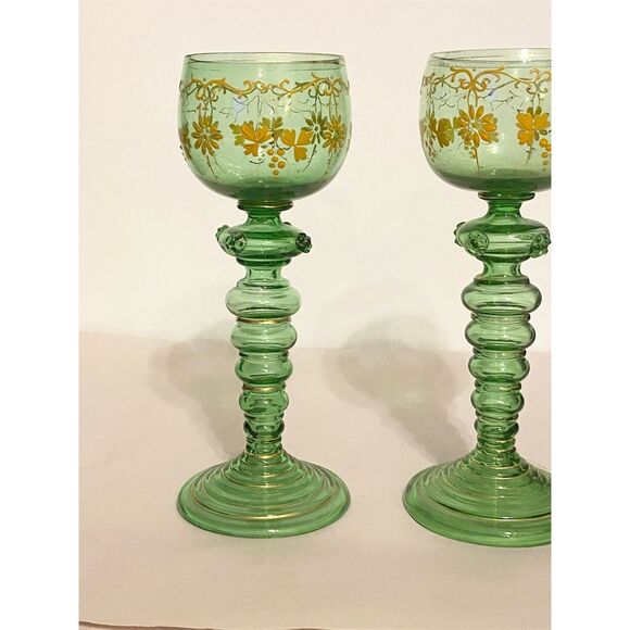 Vintage Moser Green Glass Roemer Wine Goblets Gold Gilded Floral Design - Picture 2 of 5